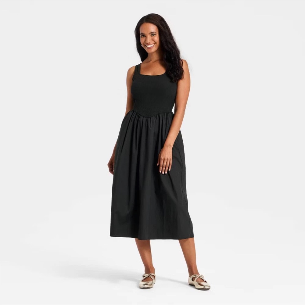 Knit to Woven Black Midi Dress